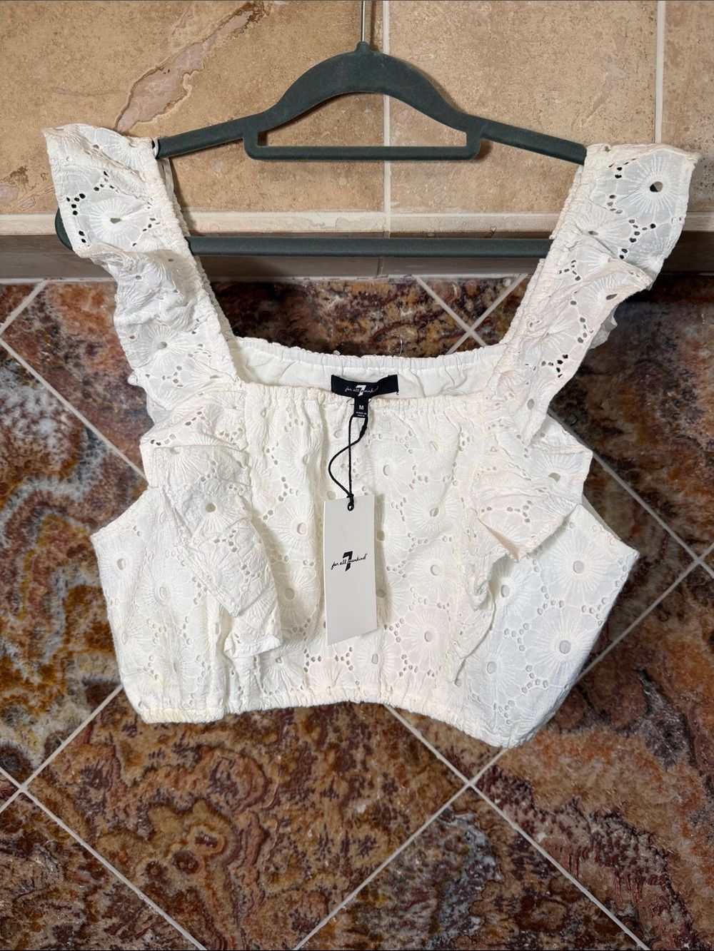 NWT  7 For All Mankind White Eyelet Feminine Ruffle Square Crop Top Size Medium